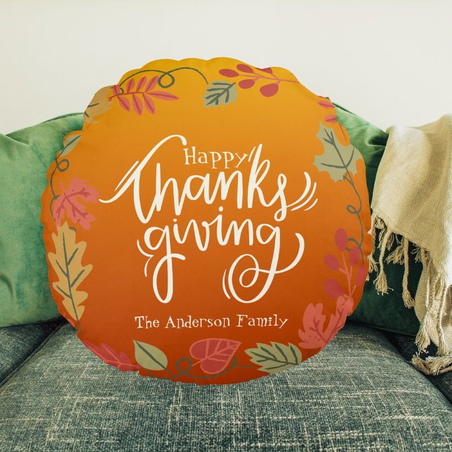 Family Name Modern Autumn Fall Happy Thanksgiving Round Pillow (Creator Uploaded)