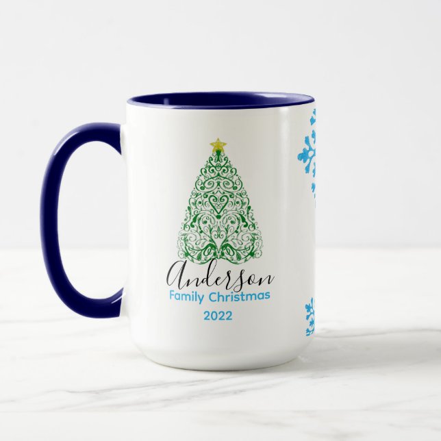 Family name modern christmas tree & glittery snow mug (Left)