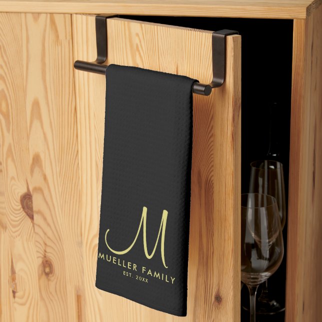 Family Name Modern Elegant Gold Monogram Black Kitchen Towel (Thirds Fold)