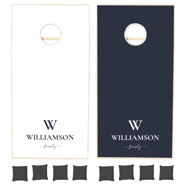 Family Name Modern Monogram Navy Blue & White Cornhole Set (Set)