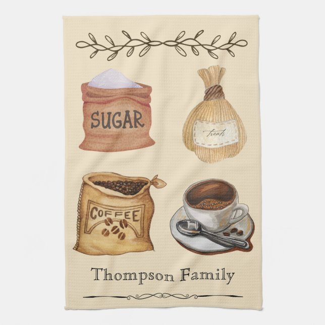 Family name Modern rustic watercolor Coffee lovers Kitchen Towel (Vertical)