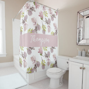 Family name modern stylish watercolor floral pink shower curtain