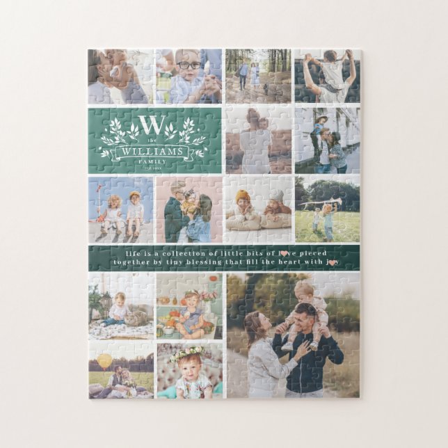 Family Name Monogram | 15 Photo Collage Jigsaw Puzzle (Vertical)