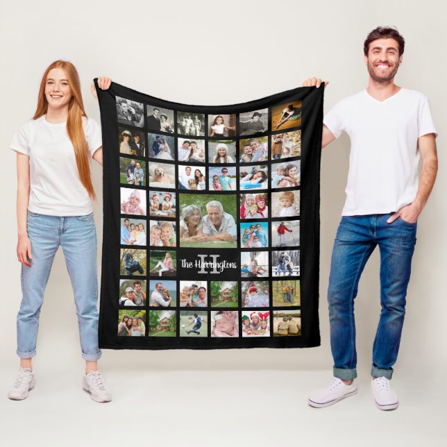 Family Name Monogram 43 Photo Collage Black Fleece Blanket (In Situ)
