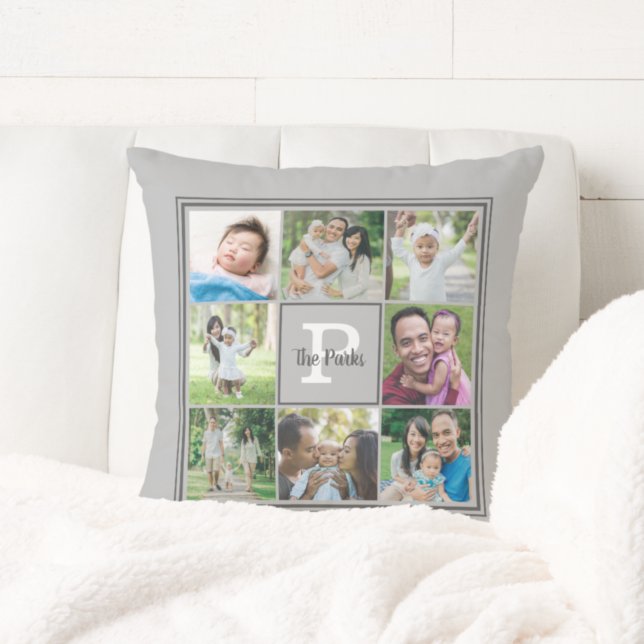 Family Name Monogram 8 Photo Collage Gray Throw Pillow (Creator Uploaded)