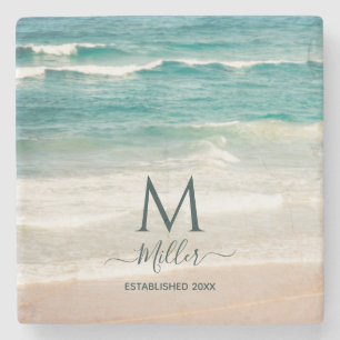 Family Name Monogram Beach Waves House Elegant St Stone Coaster