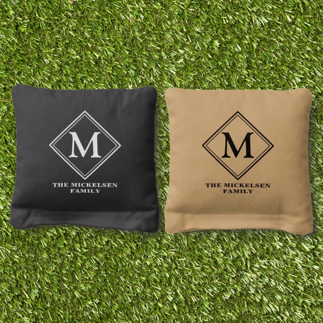 Family Name Monogram Black Gold Cornhole Bags (Grass)
