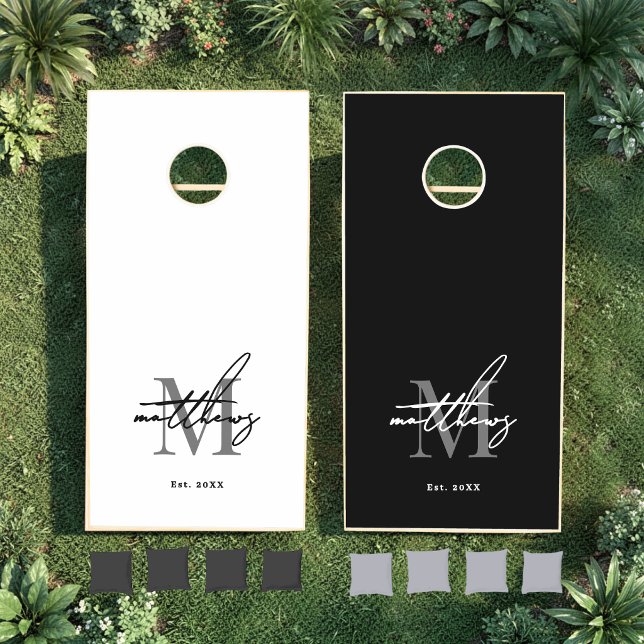 Family Name Monogram Black White Cornhole Set (Family Name Monogram Black White Cornhole Set )