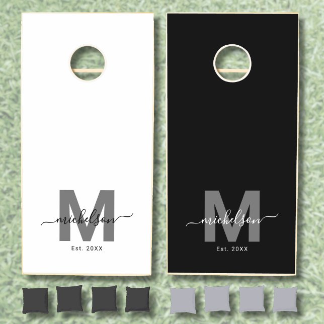Family Name Monogram Black White Cornhole Set (Family Name Monogram Black White Cornhole Set)