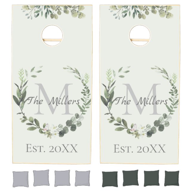 Family Name Monogram Botanical Wreath Cornhole Set (Set)