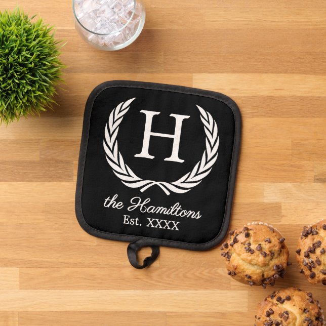 Family Name Monogram Chic Antique Laurel Wreath Pot Holder (Top Down)