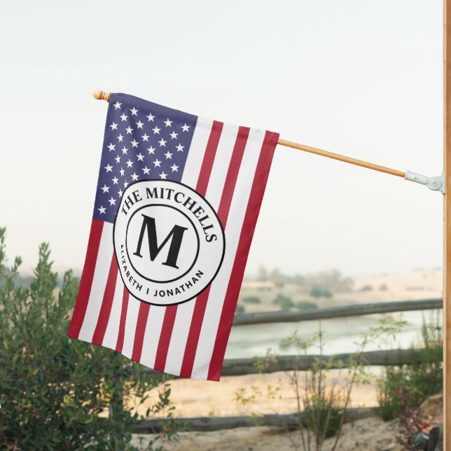 Family Name Monogram Couple Names American  House Flag (Insitu (Back))