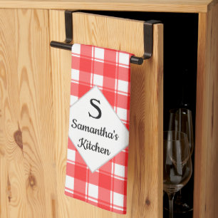 Family Name Monogram Custom Red White Retro Plaid Kitchen Towel