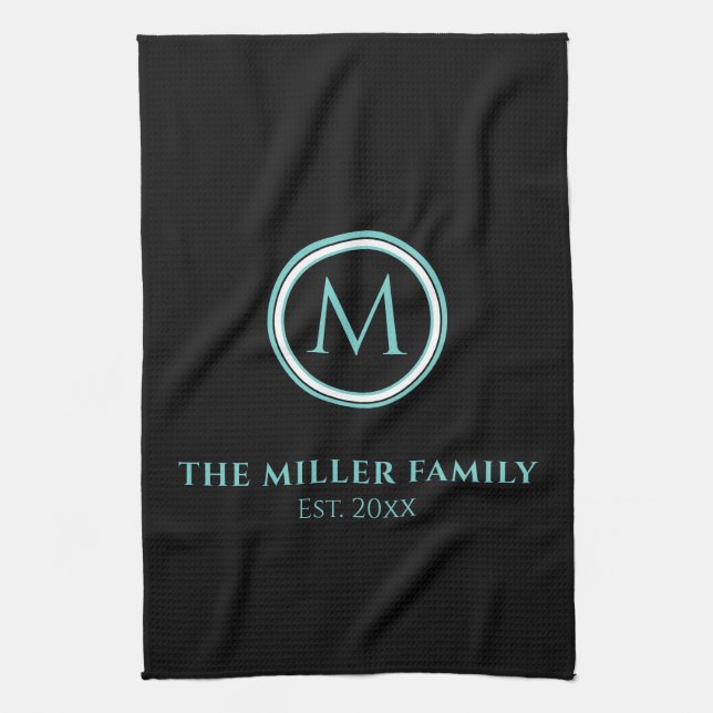 Family Name | Monogram | Date | Black & Teal Kitchen Towel (Vertical)