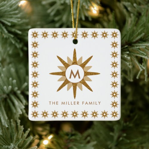 Family Name  Monogram  Date Gold Starburst Ceramic Ornament