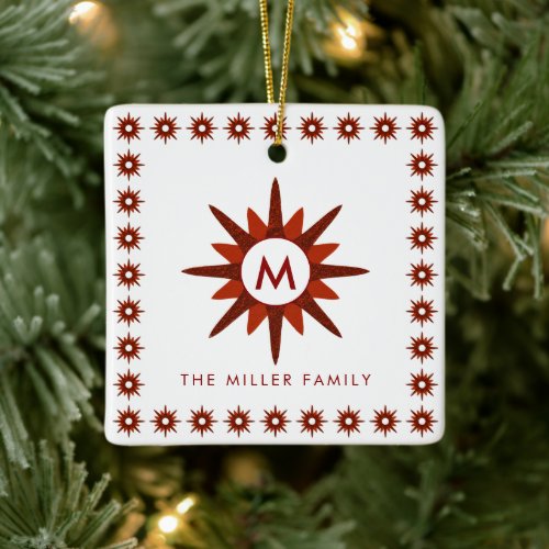 Family Name  Monogram  Date Red Starburst Square Ceramic Ornament