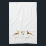 Family Name Monogram Gold Deer Kitchen Towel<br><div class="desc">Family Name Monogram Gold Deer Kitchen hand towel. Gorgeous jumping deer monogram and family name in gold colored text on ivory white. Excellent for Winter,  holidays,  and Christmas decor & gifts. We invite you to visit our Zazzle store,  Austen & Grace,  to view matching products and more.</div>