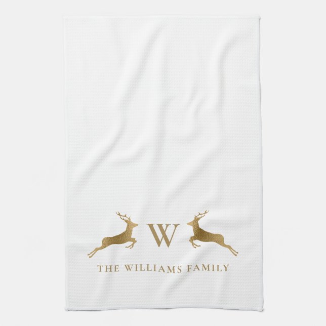 Family Name Monogram Gold Deer Kitchen Towel (Vertical)