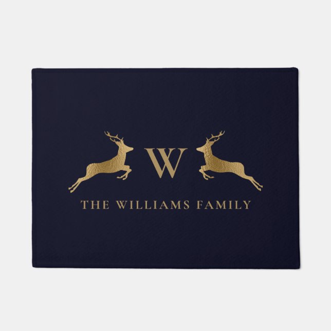 Family Name Monogram Gold Deer Midnight Navy Doormat (Front)