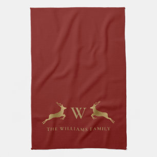 Family Name Monogram Gold Deer Red Kitchen Towel