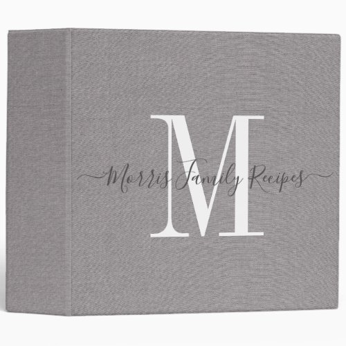 Family Name Monogram Gray White Script Faux Linen  3 Ring Binder