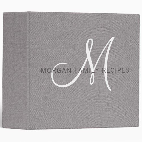 Family Name Monogram Gray White Script Faux Linen  3 Ring Binder