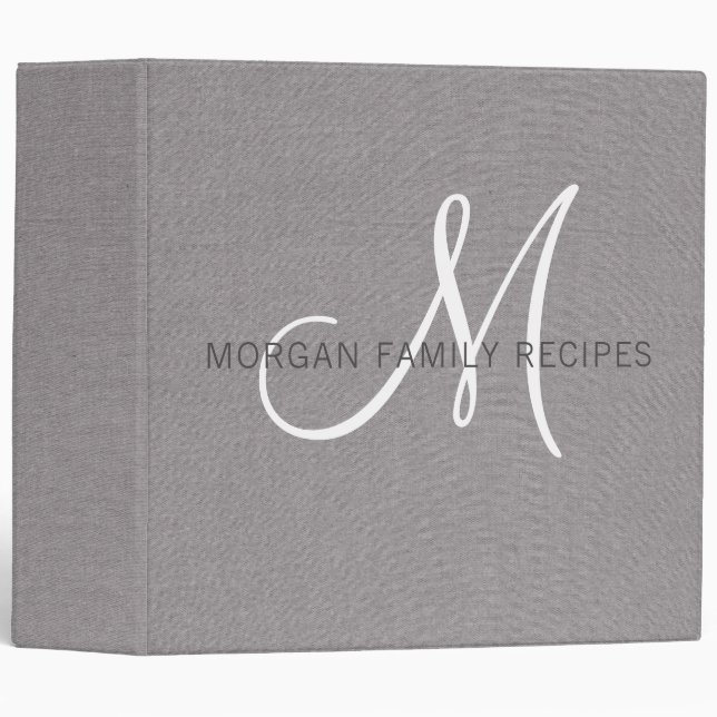 Family Name Monogram Gray White Script Faux Linen  3 Ring Binder (Front/Spine)