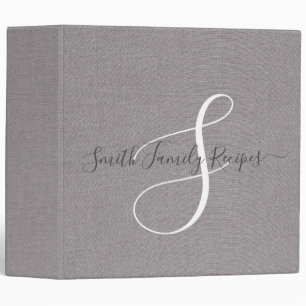 Family Name Monogram Gray White Script Faux Linen 3 Ring Binder
