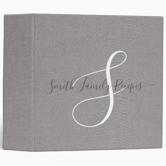 Family Name Monogram Gray White Script Faux Linen 3 Ring Binder (Front/Spine)
