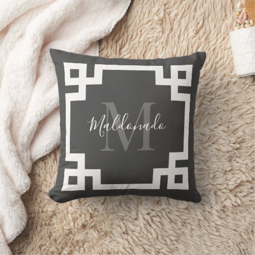 Family Name Monogram  Greek Key Border Throw Pillow