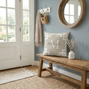 Family Name Monogram   Greek Key Border Throw Pillow