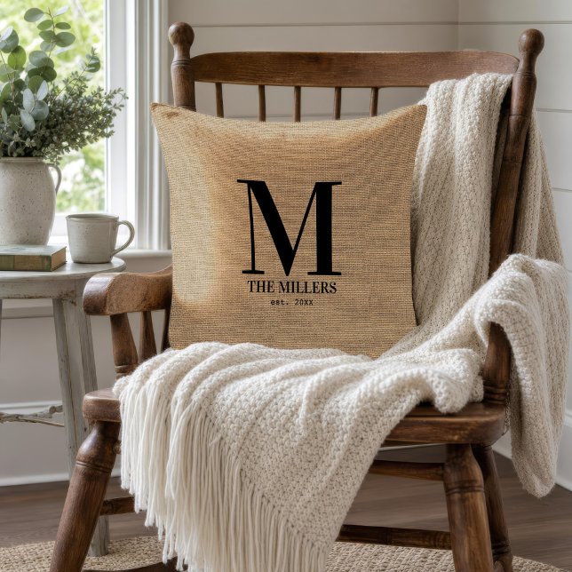 Family Name Monogram Initial Personalized Rustic Throw Pillow (Creator Uploaded)