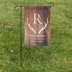 Family Name Monogram Lake House Rustic Wood Antler Garden Flag