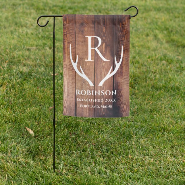 Family Name Monogram Lake House Rustic Wood Antler Garden Flag (In SItu)
