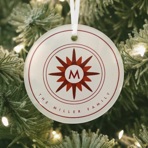 Family Name Monogram Medallion  Red Starburst Glass Ornament