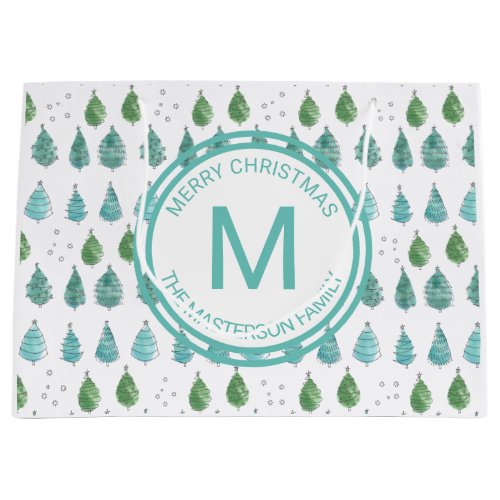 Family Name Monogram Merry Christmas Trees Green Large Gift Bag