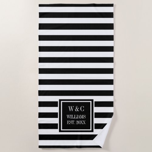 Family Name Monogram Navy Black White Stripe Beach Towel