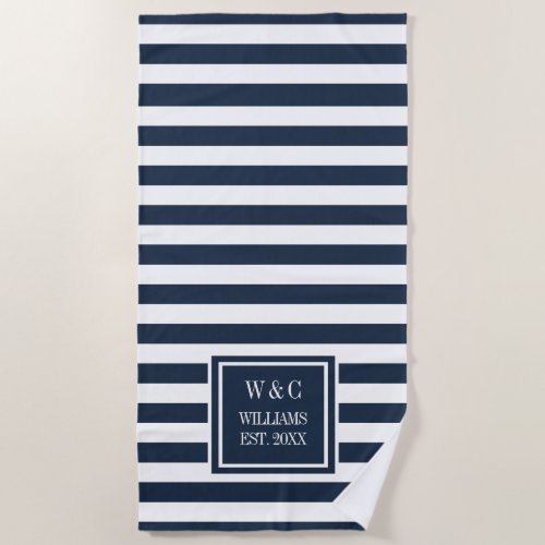 Family Name Monogram Navy Blue White Stripe  Beach Towel