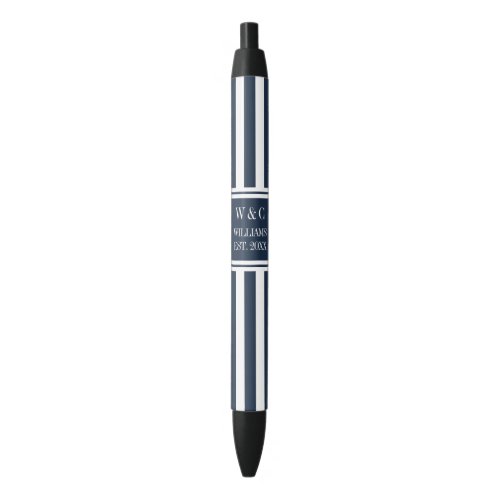 Family Name Monogram Navy Blue White Stripe Black Ink Pen