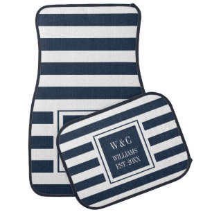 Family Name Monogram Navy Blue White Stripe Car Floor Mat