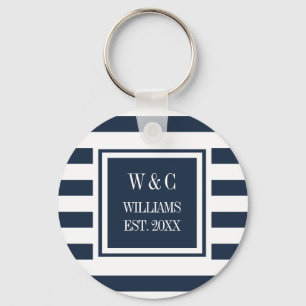Family Name Monogram Navy Blue White Stripe Keychain