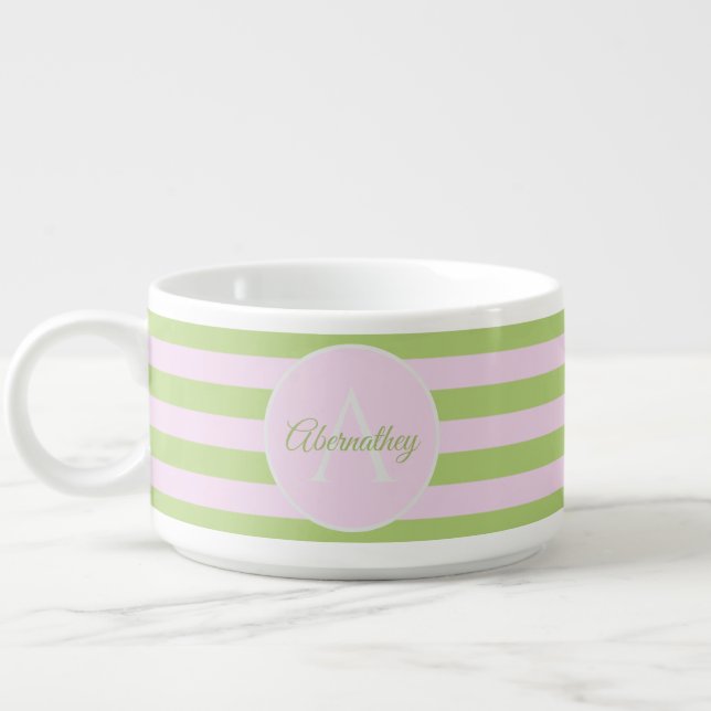 Family Name Monogram Pastel Pink Green Striped Bowl (Right)