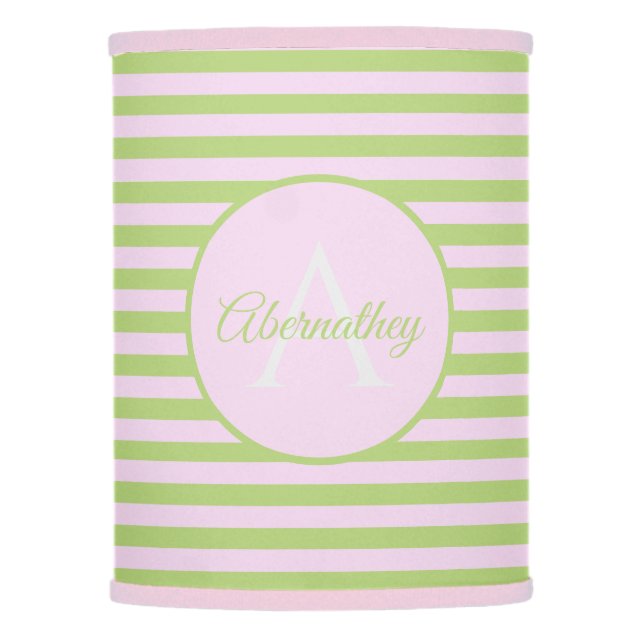 Family Name Monogram Pastel Pink Green Striped Lamp Shade (Front)