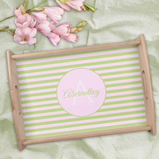 Family Name Monogram Pastel Pink Green Striped