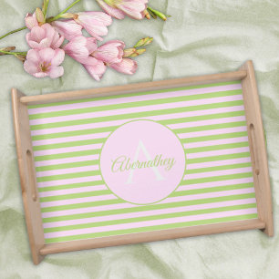 Family Name Monogram Pastel Pink Green Striped Serving Tray