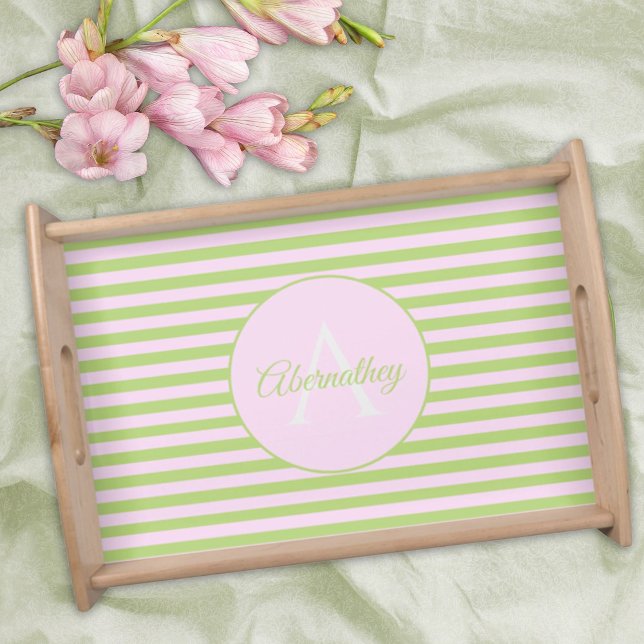 Family Name Monogram Pastel Pink Green Striped Serving Tray (monogram and name template serving tray)