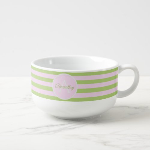 Family Name Monogram Pastel Pink Green Striped Soup Mug