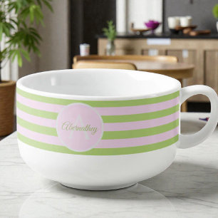 Family Name Monogram Pastel Pink Green Striped Soup Mug