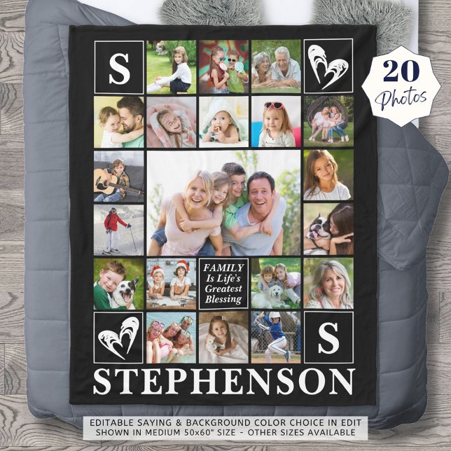 Family Name Monogram Quote Heart 20 Photo Collage Fleece Blanket (Creator Uploaded)