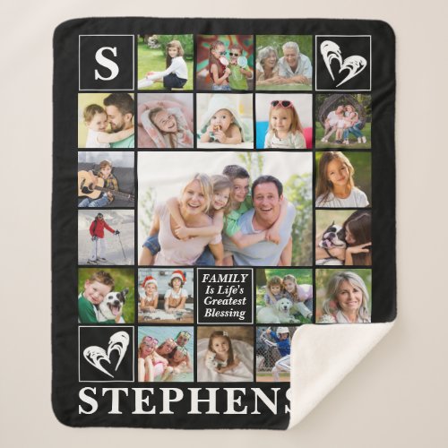 Family Name Monogram Quote Heart 20 Photo Collage Sherpa Blanket